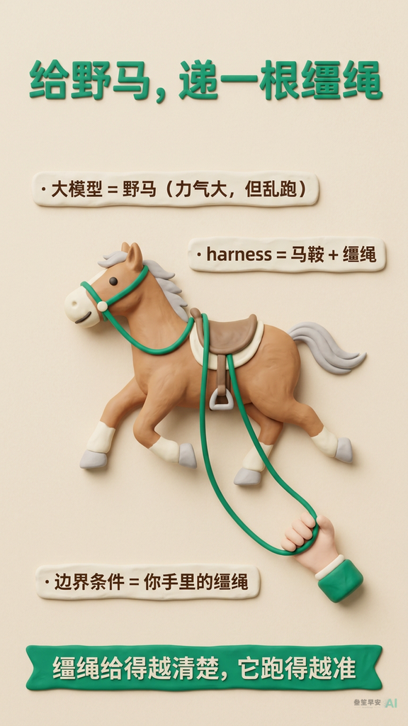 大模型像野马，harness 就是马鞍和缰绳：边界条件给得越清楚，它跑得越准